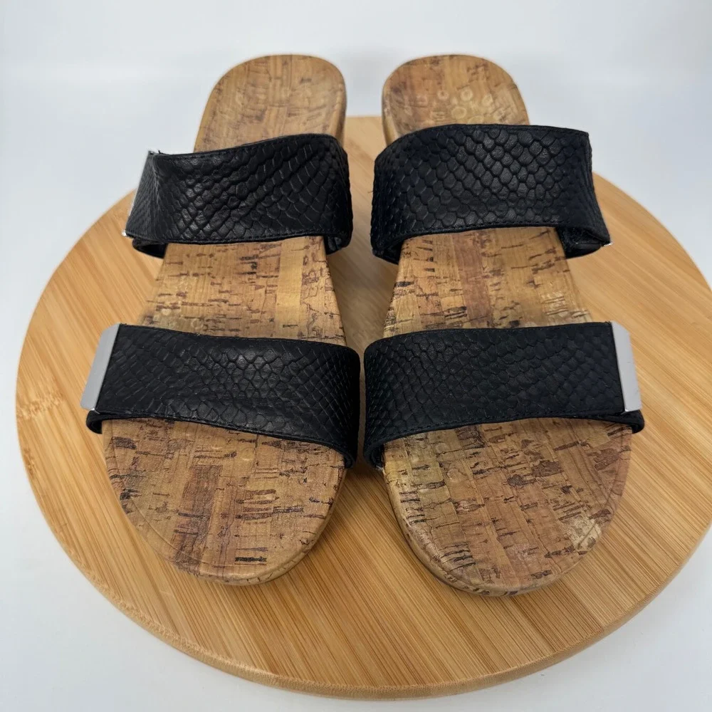 Vionic Pepper Black Snakeskin Leather Cork Wedge Slide Sandals TVW5251 Womens 10